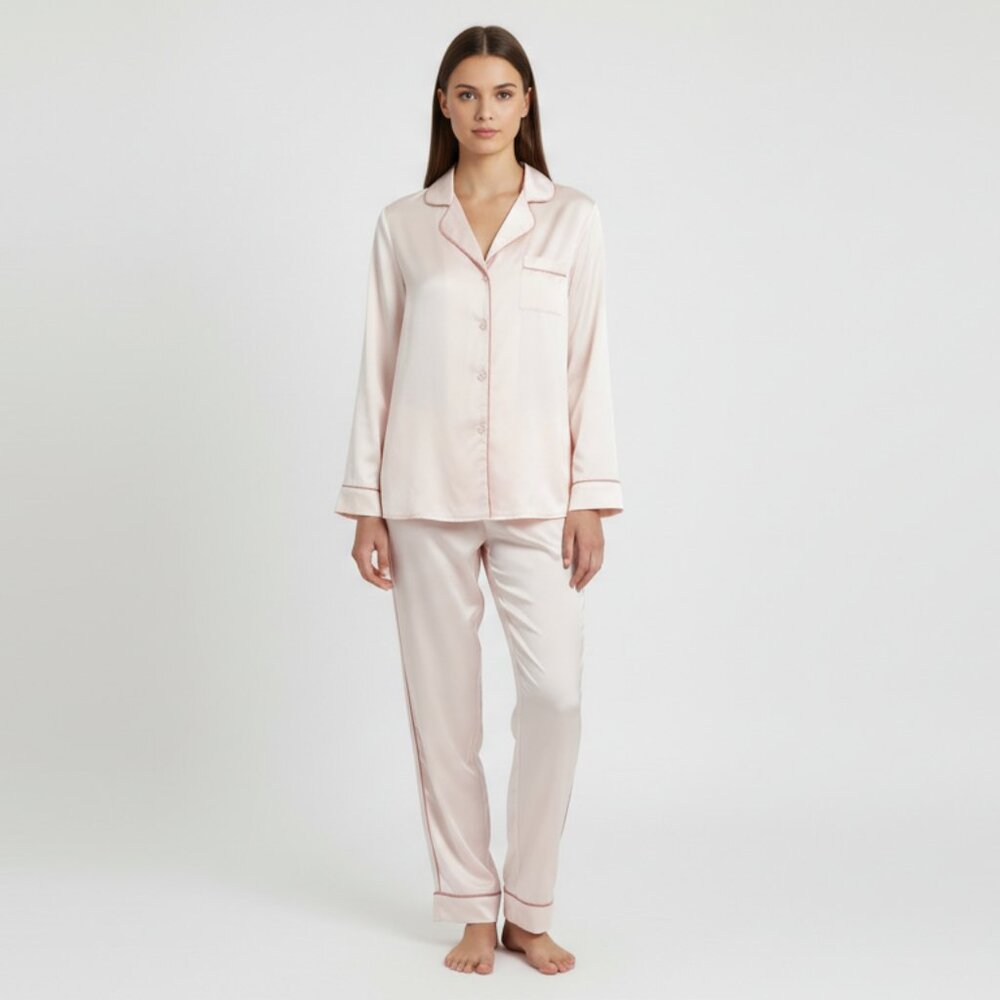 Jasper Conran Pink Satin Pajama Set Revere Collar Piped Trim Size 10